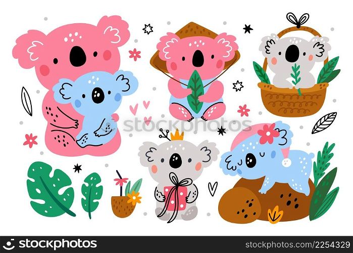 Cute koalas. Fluffy color bears. Funny furry tropical animals sleep or eat eucalyptus leaves. Creatures relax in different poses. Mom and little kid. Australian wildlife. Vector comic characters set. Cute koalas. Fluffy color bears. Funny furry animals sleep or eat eucalyptus leaves. Creatures relax in different poses. Mom and kid. Australian wildlife. Vector comic characters set