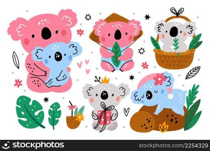 Cute koalas. Fluffy color bears. Funny furry tropical animals sleep or eat eucalyptus leaves. Creatures relax in different poses. Mom and little kid. Australian wildlife. Vector comic characters set. Cute koalas. Fluffy color bears. Funny furry animals sleep or eat eucalyptus leaves. Creatures relax in different poses. Mom and kid. Australian wildlife. Vector comic characters set