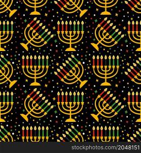 Cute Kwanzaa seamless pattern with seven kinara candles and dots in traditional African colors - black, red, green.. Cute Kwanzaa seamless pattern with seven kinara candles and dots, stars, in traditional African colors - black, red, green on black. Vector Kwanzaa holiday background design.