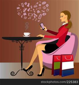 Cute lady after shopping is drinking coffee and on the Internet via a smart phone,vector illustration.  lady is drinking coffee