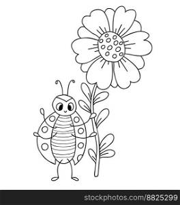 Cute ladybug. Small insect with large flower. Vector illustration. Outline hand drawing. doodle ladybird character for childrens collection, coloring, design, decor