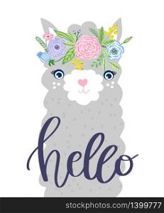 Cute Lama face in floral wreath and lettering text Hello. Childish print for fabric, t-shirt, poster, card, baby shower. Vector Illustrtion. Cute Lama face. Childish print for fabric, t-shirt, poster, card, baby shower. Vector Illustrtion
