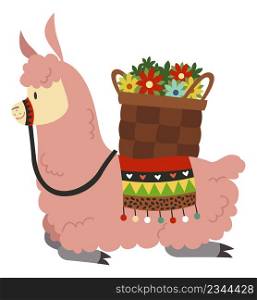 Cute lama with flowers basket. Funny cartoon animal isolated on white background. Cute lama with flowers basket. Funny cartoon animal
