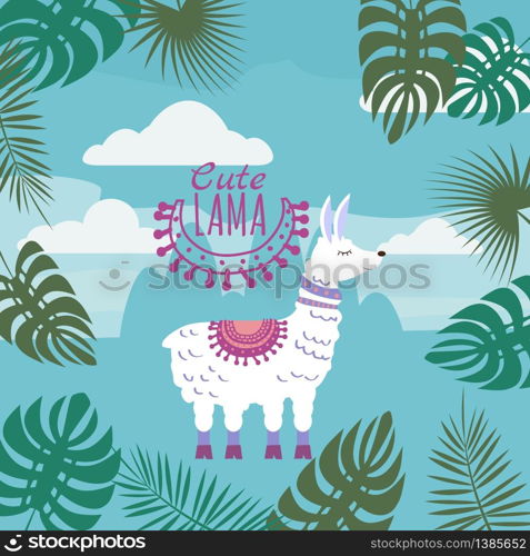 Cute Lamas, floral ornament, background mountain landscape. Cute Lamas, floral ornament, background, mountain landscape, isolated, vector, illustration