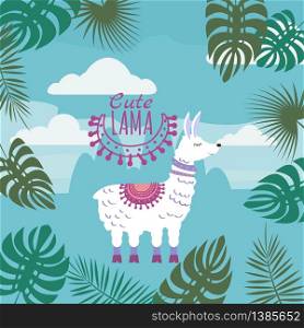 Cute Lamas, floral ornament, background mountain landscape. Cute Lamas, floral ornament, background, mountain landscape, isolated, vector, illustration
