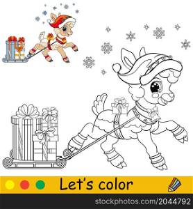 Cute lamb in a Christmas hat carries gifts on a sleigh. Cartoon character. Vector isolated illustration. Coloring book with colored exemple. For card, poster, design, stickers, decor,kids apparel. Coloring Christmas lamb carries gifts on a sleigh vector
