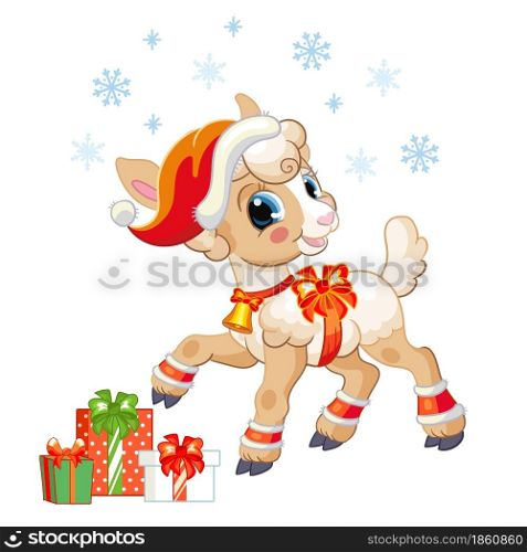 Cute lamb in a Christmas hat with gifts and snowflakes. Cartoon lamb character. Vector isolated illustration. For postcard, posters, design, greeting card, stickers, decor, kids apparel. Cute Christmas lamb with gifts vector illustration