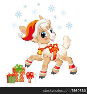 Cute lamb in a Christmas hat with gifts and snowflakes. Cartoon lamb character. Vector isolated illustration. For postcard, posters, design, greeting card, stickers, decor, kids apparel. Cute Christmas lamb with gifts vector illustration