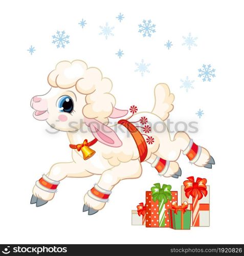 Cute lamb in a Christmas hat with gifts and snowflakes. Cartoon lamb character. Vector isolated illustration. Christmas funny animal. For greeting cards, posters, design, stickers, decor, kids apparel. Little lamb Christmas with gifts vector illustration