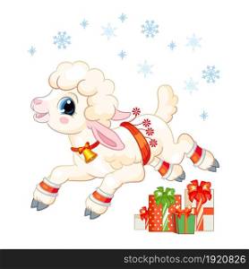 Cute lamb in a Christmas hat with gifts and snowflakes. Cartoon lamb character. Vector isolated illustration. Christmas funny animal. For greeting cards, posters, design, stickers, decor, kids apparel. Little lamb Christmas with gifts vector illustration