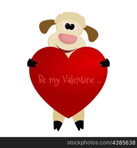 Cute lamb with a heart on a white background - greeting card with Valentine&apos;s Day