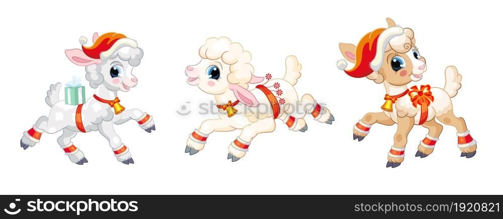 Cute lambs with Christmas accessories. Cartoon lamb characters. Vector isolated illustration. Christmas funny animals set. For greeting cards, posters, design, stickers, decor, kids apparel. Little funny lambs Christmas set vector illustration