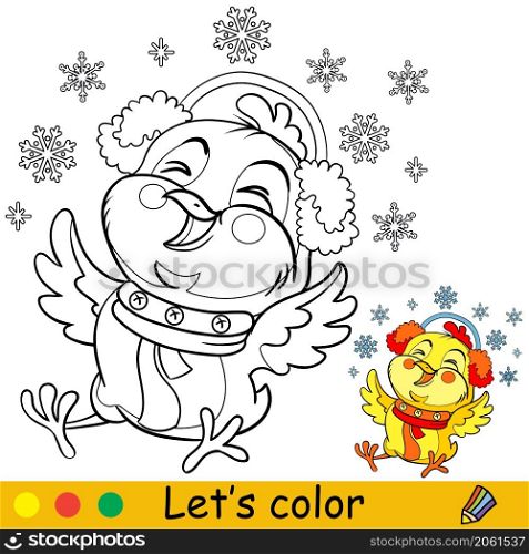 Cute laughing chicken with snowflakes. Cartoon chicken character. Vector isolated illustration. Coloring book with colored exemple. For card, poster, design, stickers, decor,kids apparel. Coloring cute Christmas laughing chicken vector illustration