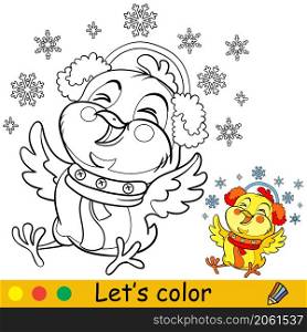 Cute laughing chicken with snowflakes. Cartoon chicken character. Vector isolated illustration. Coloring book with colored exemple. For card, poster, design, stickers, decor,kids apparel. Coloring cute Christmas laughing chicken vector illustration