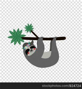 Cute lazy sloth hanging on tree branch isolated on transparent background. Kids t-shirt design print. Portrait of sleepy sloth in flower wreath Cartoon flat vector illustration in scandinavian style. Cute lazy sloth hanging on tree branch isolated