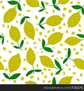 Cute Lemon seamless pattern with leaves. Seamless pattern with citrus fruits collection. Summer design for fabric, textile print, wrapping paper, children textile. Vector illustration. Hand drawn Lemon seamless pattern with leaves.