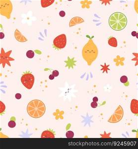 Cute lemon, strawberry and stars. Funny seamless pattern with citrus, orange and cherry. Trendy simple fashion vector textile print of pattern seamless with lemon. Cute lemon, strawberry and stars. Funny seamless pattern with citrus, orange and cherry. Trendy simple fashion vector textile print