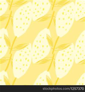 Cute lemon with leaves seamless pattern on yellow background. Hand drawn citrus fruits. Design for fabric, textile print, wrapping paper, kitchen textiles. Modern design.Vector illustration. Cute lemon with leaves seamless pattern on yellow background.