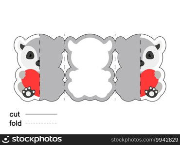 Cute lemur hold heart. Fold long greeting card template. Great for St. Valentine day, birthdays, baby showers. Printable color scheme. Print, cut out, fold. Colorful vector stock illustration.