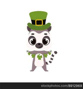 Cute lemur in green leprechaun hat with clover. Irish holiday folklore theme. Cartoon design for cards, decor, shirt, invitation. Vector stock illustration.