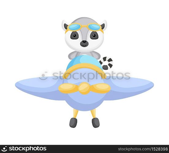 Cute lemur pilot wearing aviator goggles flying an airplane. Graphic element for childrens book, album, scrapbook, postcard, mobile game. Flat vector stock illustration isolated on white background.