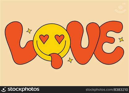 Cute lettering Love in groovy style. Positive Retro Hand written with in love playful face. 60s, 70s, 80s, 90s vibes lettering. Vector illustration for decor, print, card, posters, design and decor
