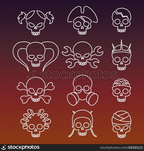 Cute linear skulls icons collection. Cute linear skulls icons collection on dark color background. Vector illustration