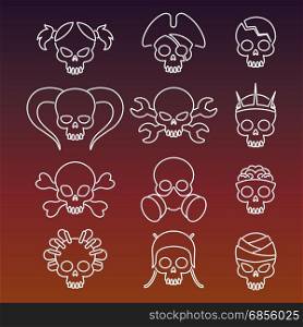 Cute linear skulls icons collection. Cute linear skulls icons collection on dark color background. Vector illustration