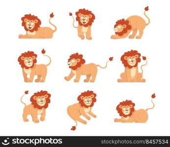 Cute lion cartoon character vector illustrations set. Collection of drawings of animal king, wild feline with orange mane and tail for children isolated on white background. Nature, wildlife concept