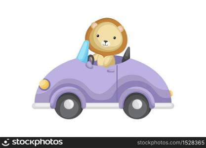 Cute lion driver on car. Graphic element for childrens book, album, scrapbook, postcard or mobile game. Flat vector illustration isolated on white background.