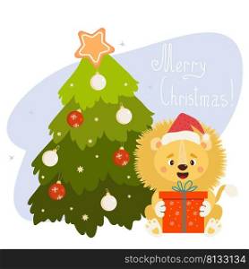 Cute lion in Santa hat with big gift box and Christmas tree with Christmas balls. Vector illustration. Christmas card with animal for holiday decor and cards, prints and posters, kids collection
