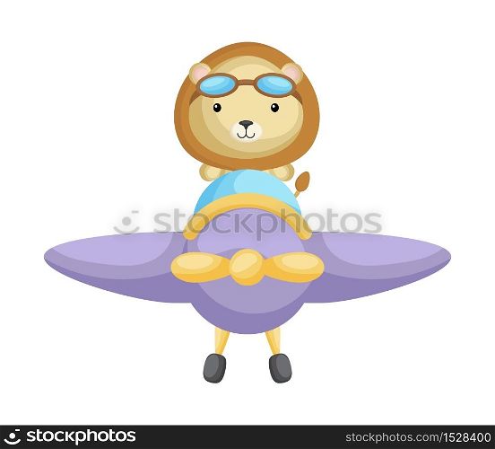 Cute lion pilot wearing aviator goggles flying an airplane. Graphic element for childrens book, album, scrapbook, postcard, mobile game. Flat vector stock illustration isolated on white background.