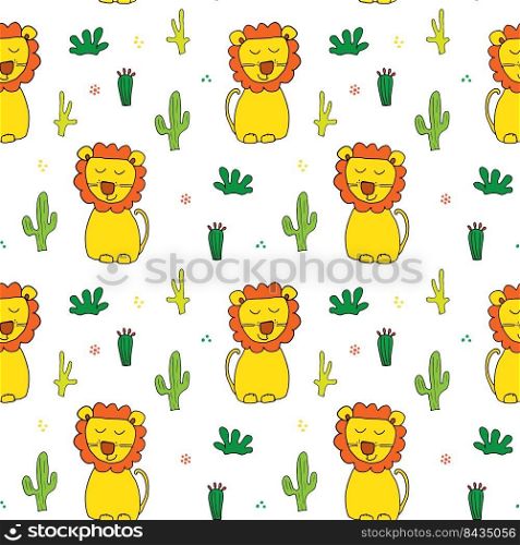 Cute Lion Seamless Pattern, Cartoon Hand Drawn Animal Doodles Vector Illustration Background .. Cute Lion Seamless Pattern, Cartoon Hand Drawn Animal Doodles Vector Illustration Background