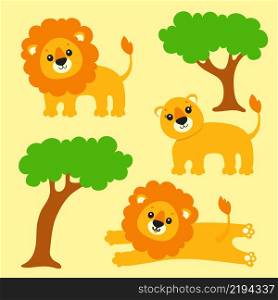 Cute lion set. Wild animal. Cartoon character. Colorful vector illustration. Isolated on color background. Design element. Template for your design, books, stickers, cards.