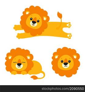 Cute lion set. Wild animal. Cartoon character. Colorful vector illustration. Isolated on white background. Design element. Template for your design, books, stickers, cards.