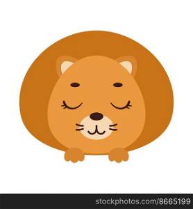 Cute litt≤lion head with closed eyes. Cartoon animal character for kids t-shirts, nursery decoration, baby shower, greeting card, invitation, house∫erior. Vector stock illustration