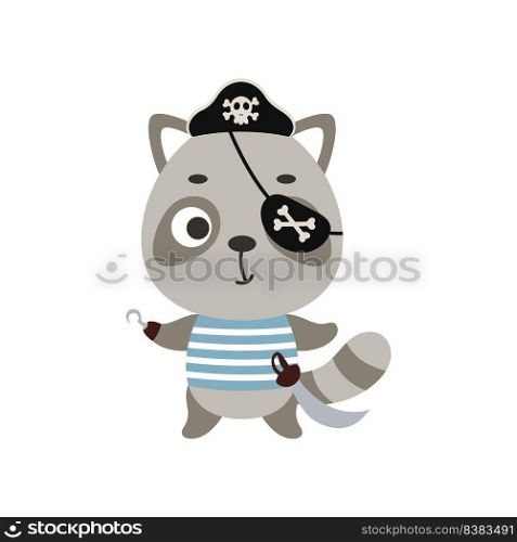 Cute litt≤πrate raccoon with hook and blindfold. Cartoon animal character for kids t-shirts, nursery decoration, baby shower, greeting card, invitation, house∫erior. Vector stock illustration