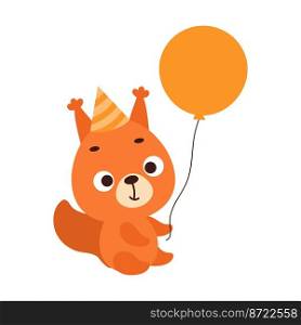 Cute litt≤squirrel in birthday hat holding balloon. Cartoon animal character for kids t-shirt, nursery decoration, baby shower, greeting card, house∫erior. Vector stock illustration