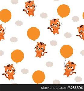 Cute litt≤ti≥r flying on balloon seam≤ssχldish pattern. Funny cartoon animal character for fabric, wrapπng, texti≤, wallpaper, apparel. Vector illustration