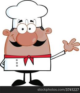 Cute Little African American Chef Cartoon Character Waving For Greeting