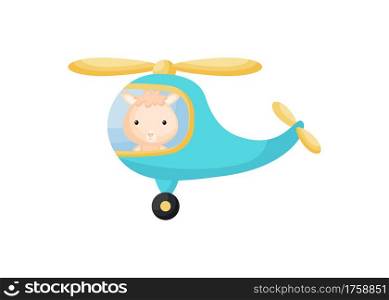 Cute little alpaca pilot in turquoise helicopter. Cartoon character for childrens book, album, baby shower, greeting card, party invitation, house interior. Vector stock illustration.