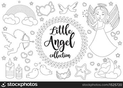 Cute little angel set Coloring book page for kids. Collection of design element sketch outline style. Kids baby clip art funny smiling kit. Vector illustration.. Cute little angel set Coloring book page for kids. Collection of design element sketch outline style. Kids baby clip art funny smiling kit. Vector illustration