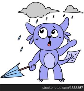 cute little animal is in the rain. cartoon illustration sticker mascot emoticon
