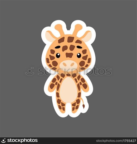 Cute little baby giraffe sticker. Cartoon animal character for kids cards, baby shower, birthday invitation, house interior. Bright colored childish vector illustration in cartoon style.