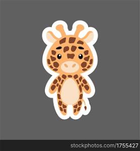 Cute little baby giraffe sticker. Cartoon animal character for kids cards, baby shower, birthday invitation, house interior. Bright colored childish vector illustration in cartoon style.