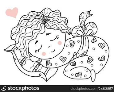 Cute little baby sleeping sweetly on the pillow. sweet dream. Decorative vector illustration. Outline. Isolated on white.For childrens design, postcards, decoration and decor