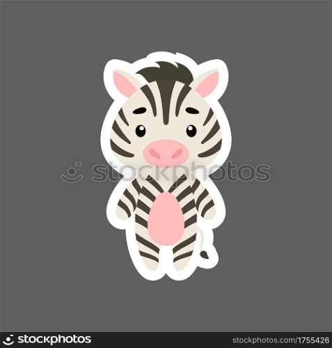 Cute little baby zebra sticker. Cartoon animal character for kids cards, baby shower, birthday invitation, house interior. Bright colored childish vector illustration in cartoon style.
