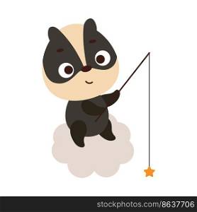 Cute little badger fishing star on cloud. Cartoon animal character for kids t-shirt, nursery decoration, baby shower, greeting cards, invitations, house interior. Vector stock illustration