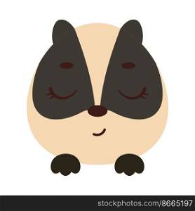 Cute little badger head with closed eyes. Cartoon animal character for kids t-shirts, nursery decoration, baby shower, greeting card, invitation, house interior. Vector stock illustration