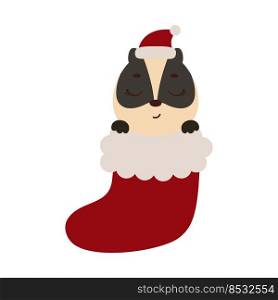 Cute little badger in Christmas sock. Cartoon animal character for kids cards, baby shower, invitation, poster, t-shirt composition, house interior. Vector stock illustration.